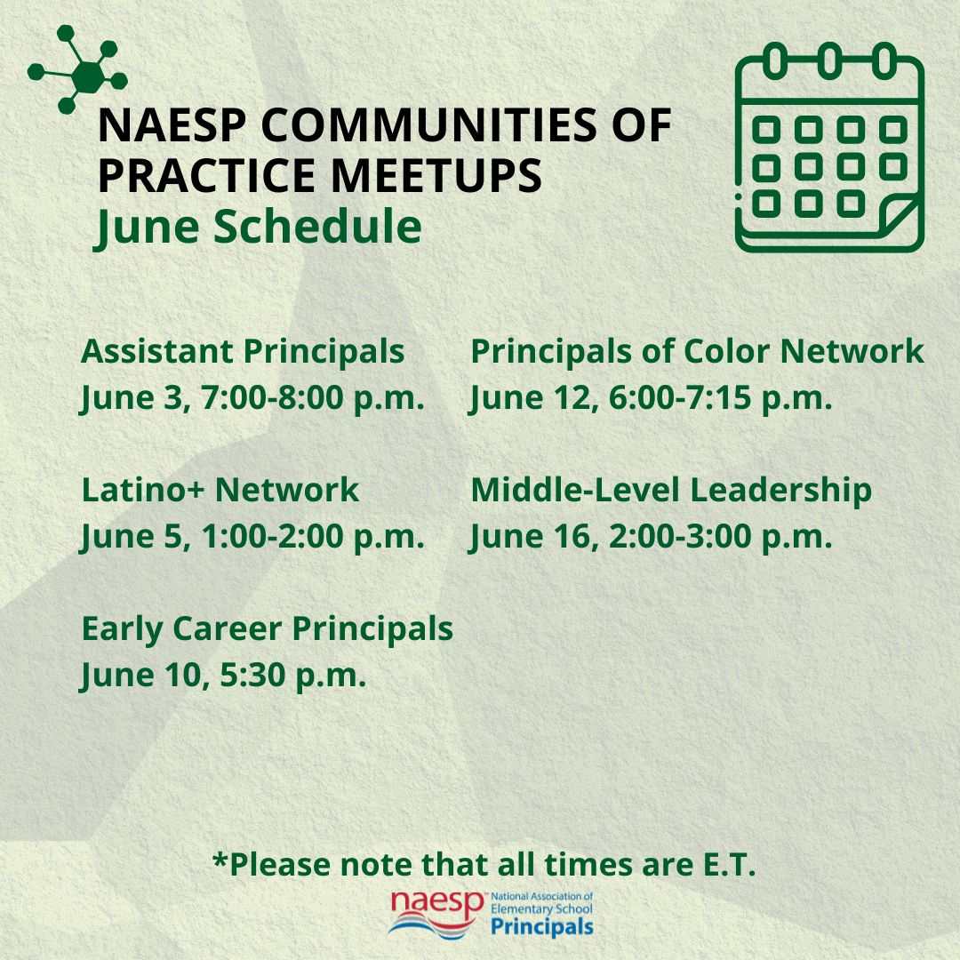 National Assoc. of Elementary School Principals (@naesp) on Twitter photo Join us this June for an array of <a href="/NAESP/">National Assoc. of Elementary School Principals</a> Community of Practice meetups! We offer diverse communities and networks for #edleaders at every career stage.
Explore our event schedule and find your community here: naesp.org/events/
#Education #ProfessionalDevelopment Join us this June for an array of <a href="/NAESP/">National Assoc. of Elementary School Principals</a> Community of Practice meetups! We offer diverse communities and networks for #edleaders at every career stage.
Explore our event schedule and find your community here: naesp.org/events/
#Education #ProfessionalDevelopment