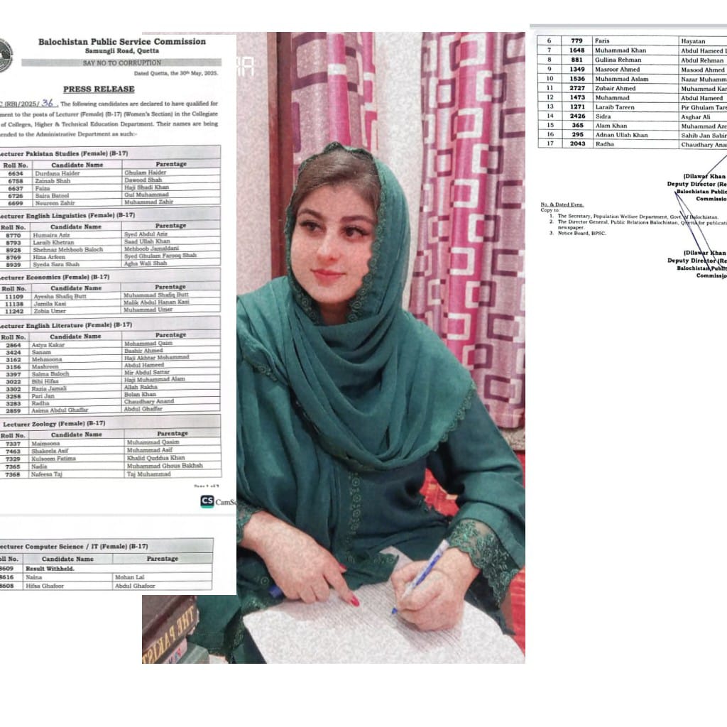 رادھا چوہدری کی کامیابی خاران کے لئے فخر ہے ،خاران کی ہونہار طالبہ رادھا چوہدری نے بلوچستان پبلک سروس کمیشن کے دونوں امتحانات پاپولیشن آفیسر گریڈ 17 اور لیکچرار گریڈ 17 میں نمایاں کامیابی حاصل کر کے نہ صرف اپنے خاندان بلکہ پوری ہندو کمیونٹی، خاران اور رخشاں ڈویژن کا نام روشن کیا،