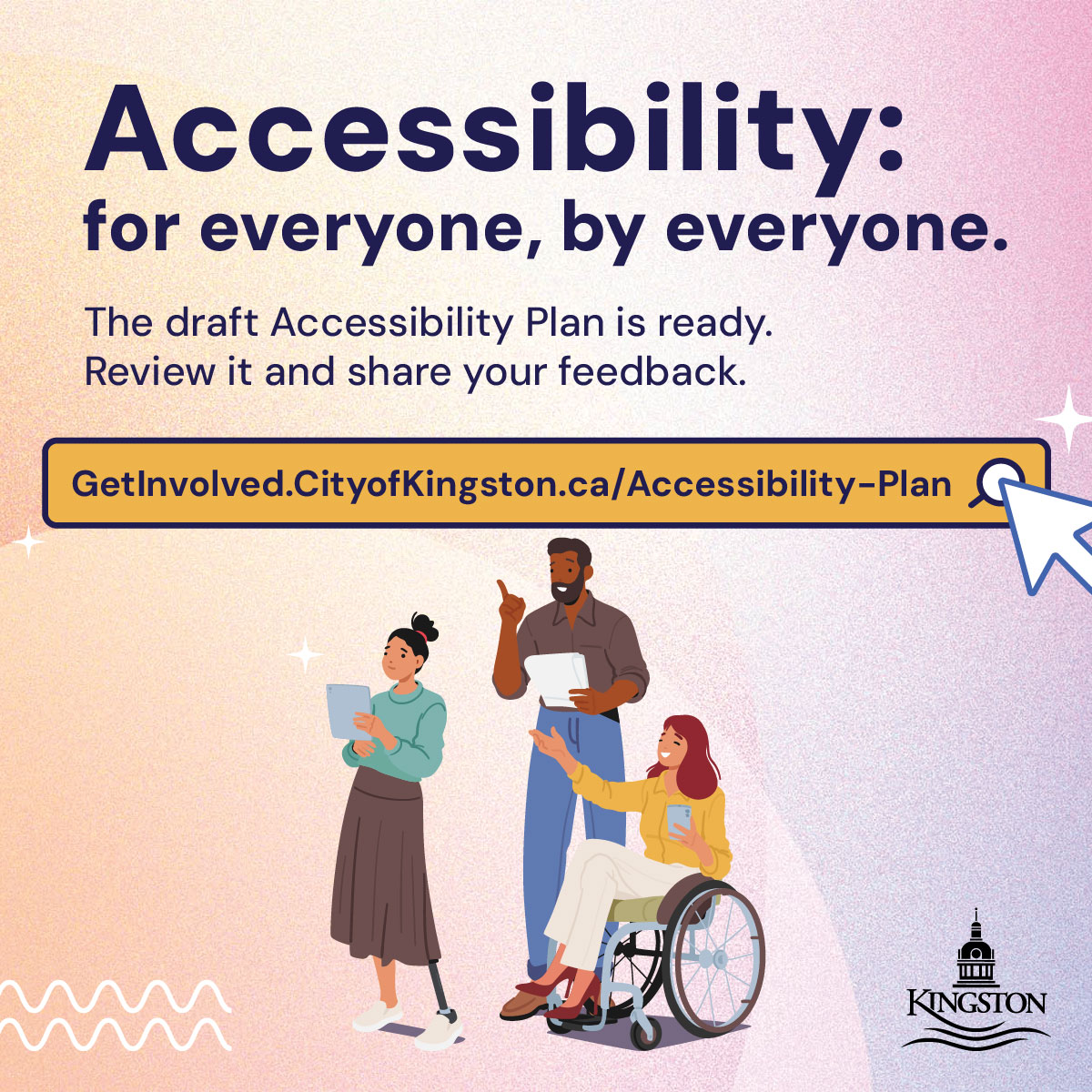 Let’s talk accessibility! 

We’ll be at the KidsInclusive Walk/Run/Roll on May 31. Stop by our table to share your ideas for a more inclusive Kingston. 

Event info: uhkf.ca/get-involved/e… 

Draft plan: GetInvolved.CityofKingston.ca/Accessibility-…