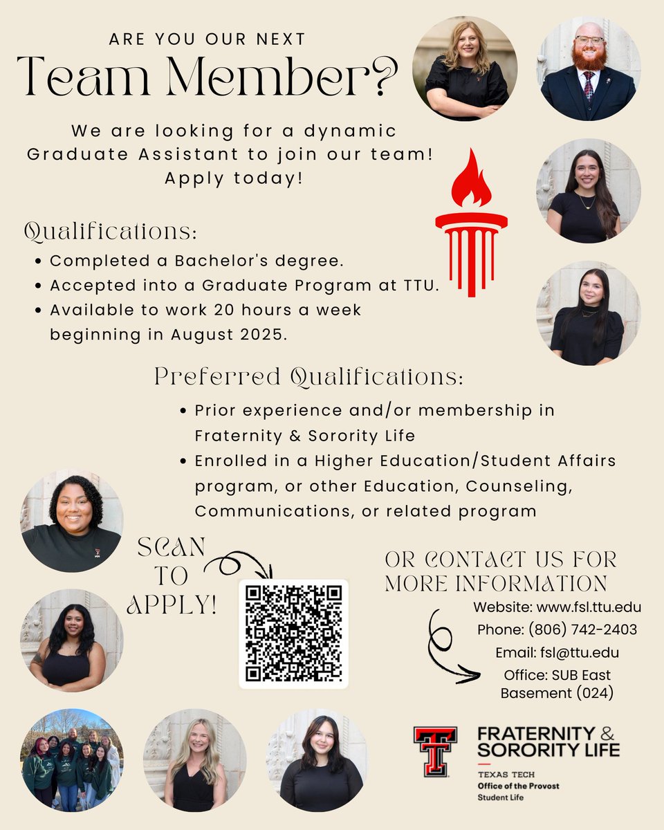 Looking for work on campus for Fall 2025? Fraternity &amp; Sorority Life is looking for their newest team member! Apply today!

#NowHiring #GraduateAssistant #FraternitySororityLife