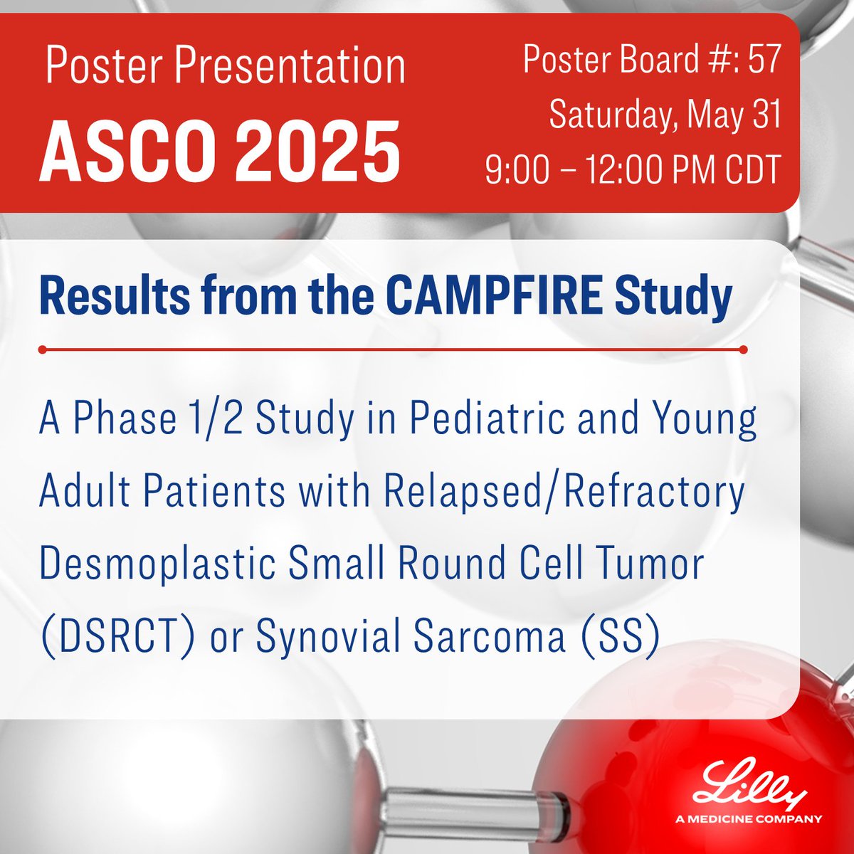 LillyOncMed's tweet image. #ASCO25 - 🔬 See the results from the CAMPFIRE study, a phase 1/2 study investigating a VEGFR2 inhibitor in pediatric & young adult patients w/ relapsed/refractory desmoplastic small round cell tumor (DSRCT) or synovial sarcoma (SS).
Learn more here: e.lilly/4jxuyoB