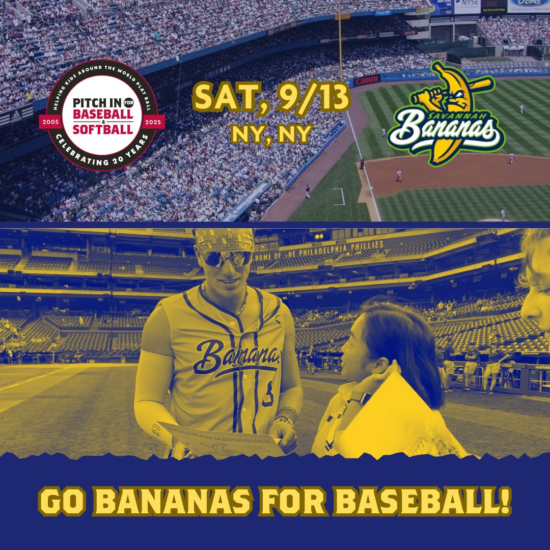 PIFBS's tweet image. NYC—Go Bananas for Baseball! 
Raise funds to help kids play and win tickets to see the Savannah Bananas at Yankee Stadium on 9/13! 
Top fundraisers score big.
Deadline: 8/31 @ 11 PM ET
Start here: pifbs.org/lp/go-bananas-…
#GoBananas4Baseball #FundraisingForKids #HelpKidsPlayBall