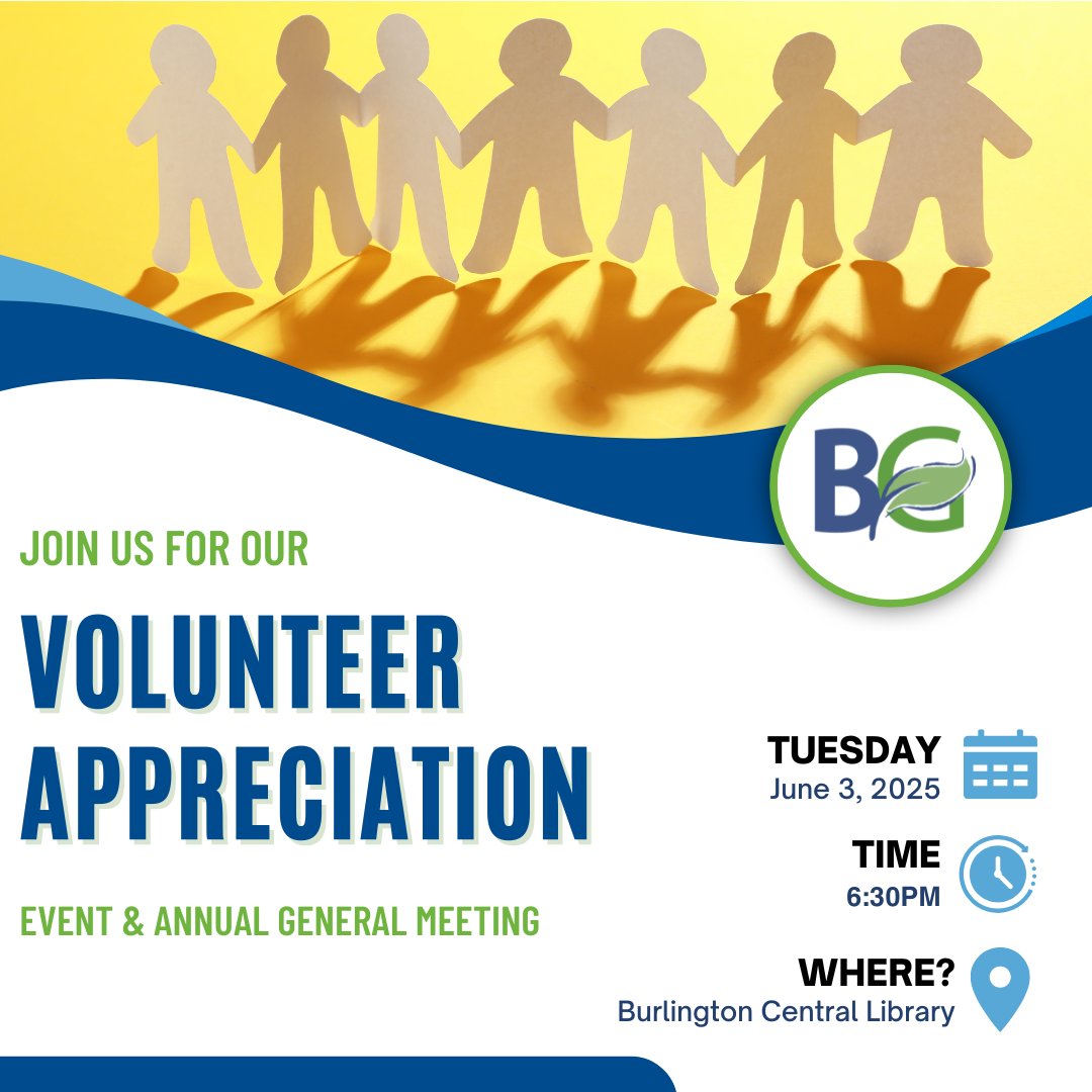 RSVP Today!

Tuesday, June 3
6:15pm doors open
6:30pm Annual General Meeting
7-8pm Volunteer Celebration

Burlington Central Library

🌎 Mark our impact in 2024
🙌 Celebrate our volunteers
👀 Learn ways to take action

Free refreshments.

RSVP:
burlingtongreen.org/events/volunte…
