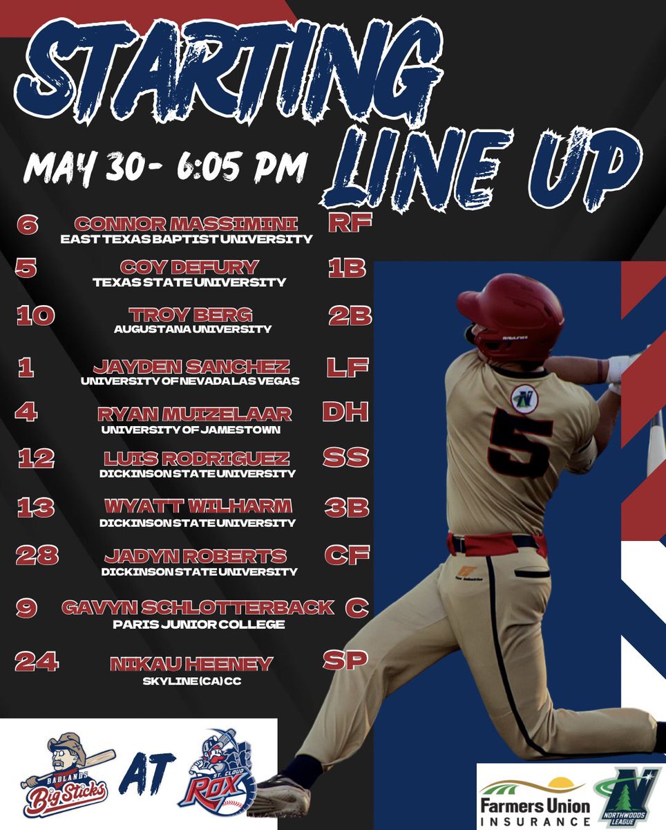 BadlandsBigStix's tweet photo. Big sticks are feeling fresh tonight while they ride a three game winning streak as they face the undefeated St. Cloud Rox tonight!!
- Let's hear your favorite hype song in the comments
#badlandsbigsticks #northwoodsleague #baseball #sticknationnd #letsgostix https://t.co/agYbljrBVJ