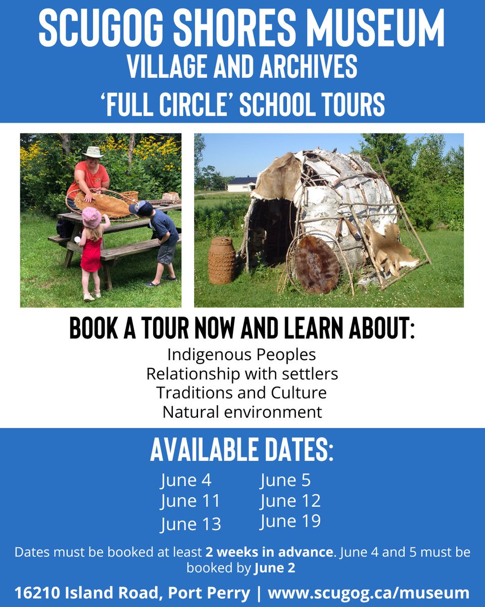 <a href="/ScugogMuseum/">Scugog Shores Museum Village & Archives</a> is offering ‘Full Circle’ school tours of the Museum Village this June, in partnership with <a href="/MSIFN/">MSIFN - Mississaugas of Scugog Island First Nation</a>

A program guide is available at scugog.ca/museum under the Education Programs tab. It is also available upon request through email at museum@scugog.ca

#NIHM