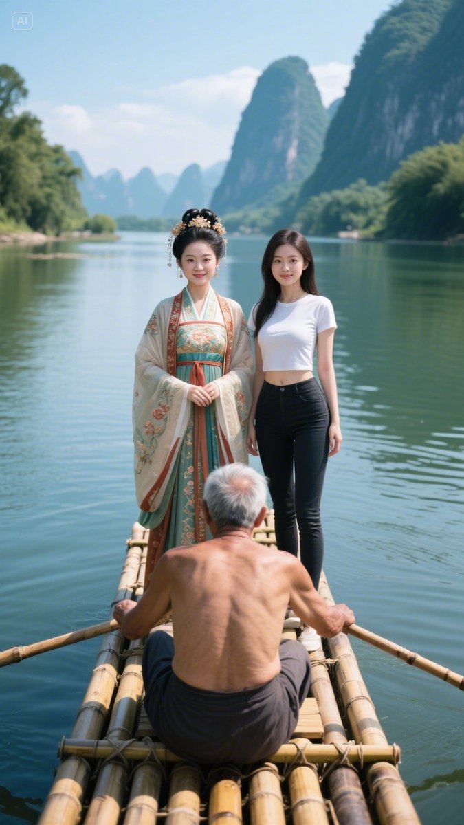 Junepeng7's tweet image. A magnificent landscape painting, on the wide river, the bamboo raft is like a small boat. An old man with long flowing hair and simple clothes paddles steadily, and the bamboo raft moves slowly forward. Two women stand on the bamboo raft, one wearing colorful and beautifull