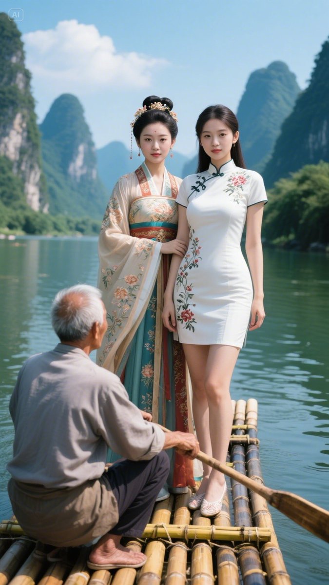 Junepeng7's tweet image. A magnificent landscape painting, on the wide river, the bamboo raft is like a small boat. An old man with long flowing hair and simple clothes paddles steadily, and the bamboo raft moves slowly forward. Two women stand on the bamboo raft, one wearing colorful and beautifull