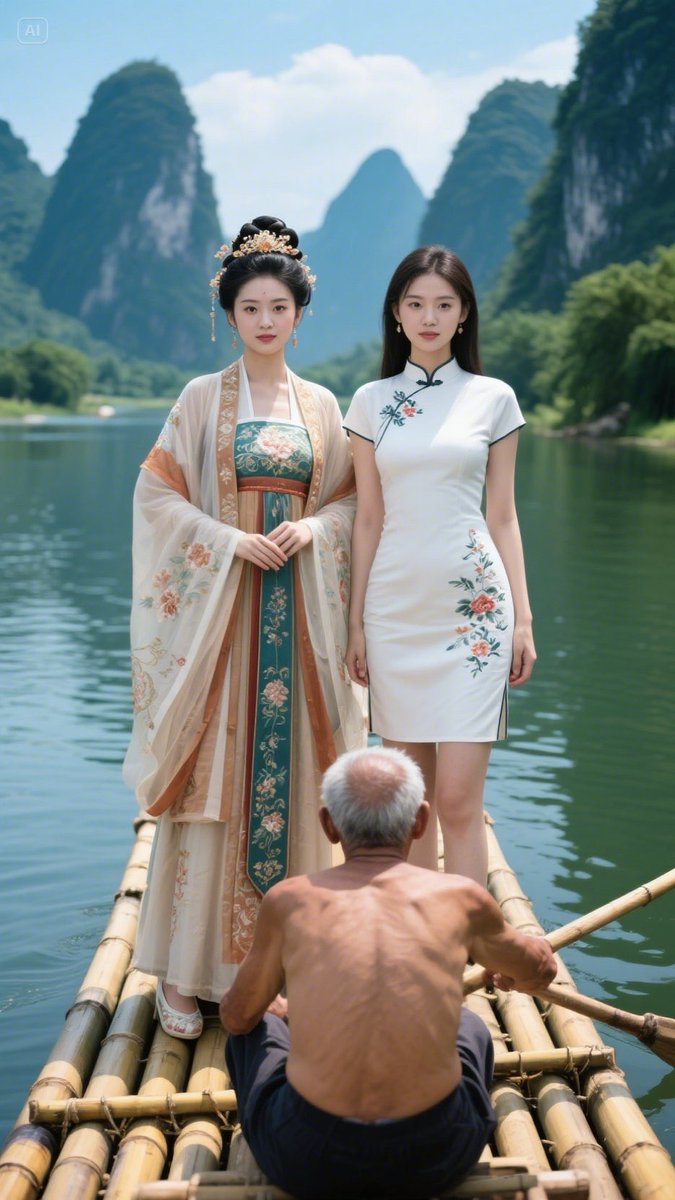 Junepeng7's tweet image. A magnificent landscape painting, on the wide river, the bamboo raft is like a small boat. An old man with long flowing hair and simple clothes paddles steadily, and the bamboo raft moves slowly forward. Two women stand on the bamboo raft, one wearing colorful and beautifull