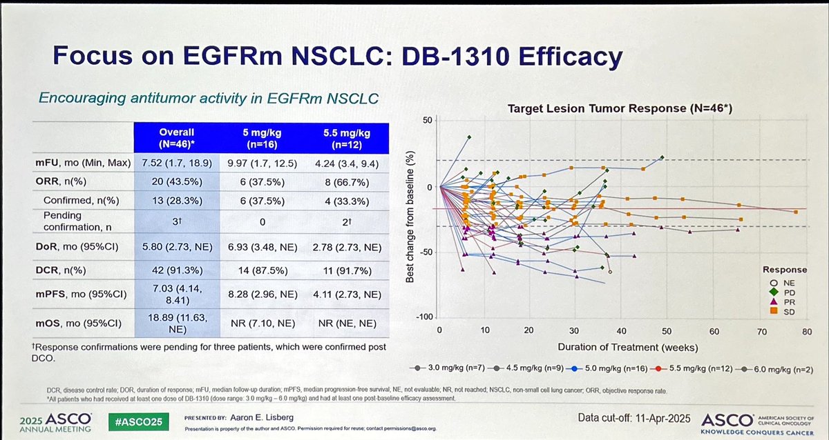JordiRemon's tweet image. DB-1310 is a new ADC anti-HER3 with pantumor activity including NSCLC with promising activity in EGFRm 🫁. Based on disappointing results with HERTHENALung trial, next step should be DB-1310 + osimertinib in osimertinib-PD disease? #ASCO25