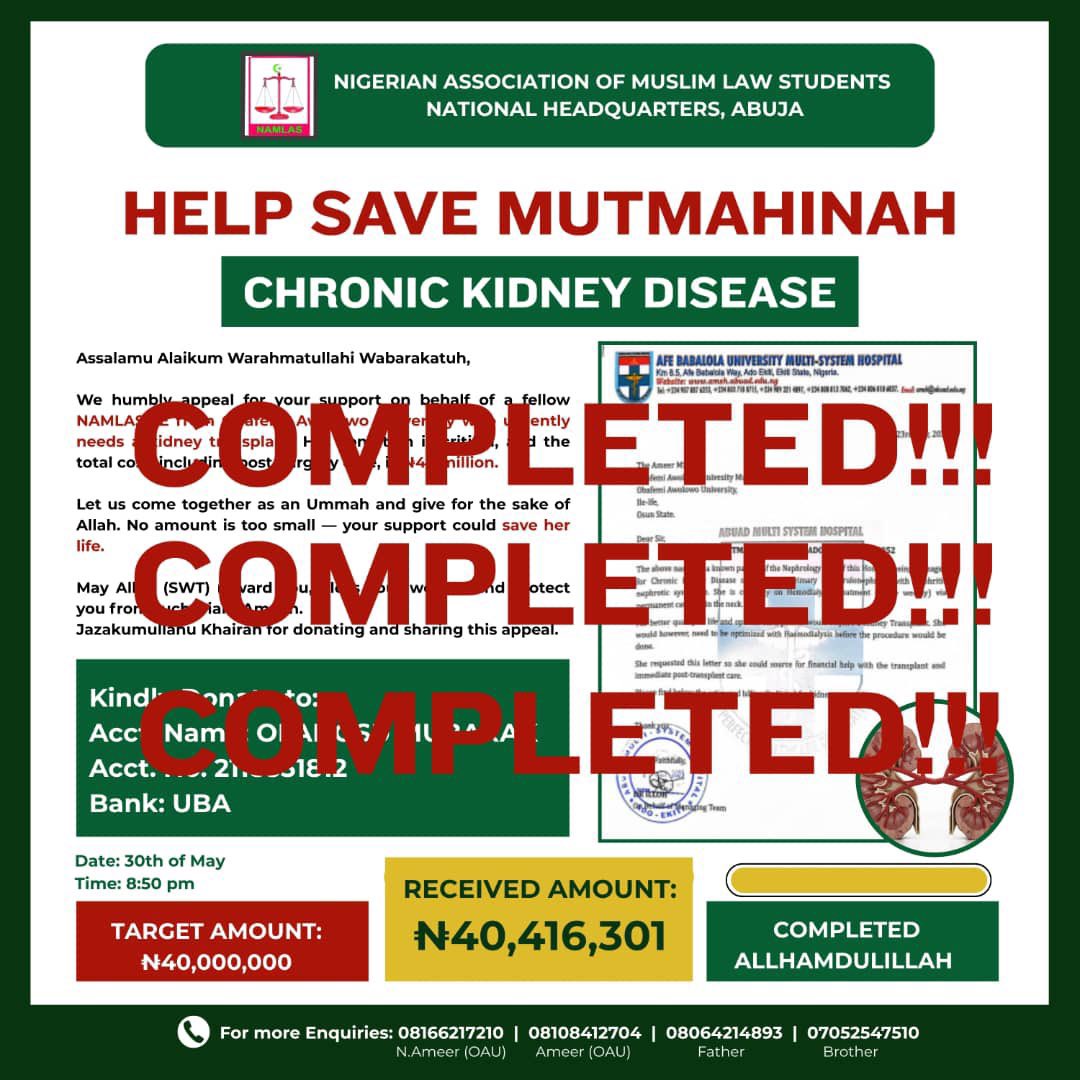 TheGreatestIFE's tweet photo. N40million Completed!!! THANK YOU ALL!  

#SaveMutmainah #PrayforMutimainah https://t.co/9XdhecL3wD