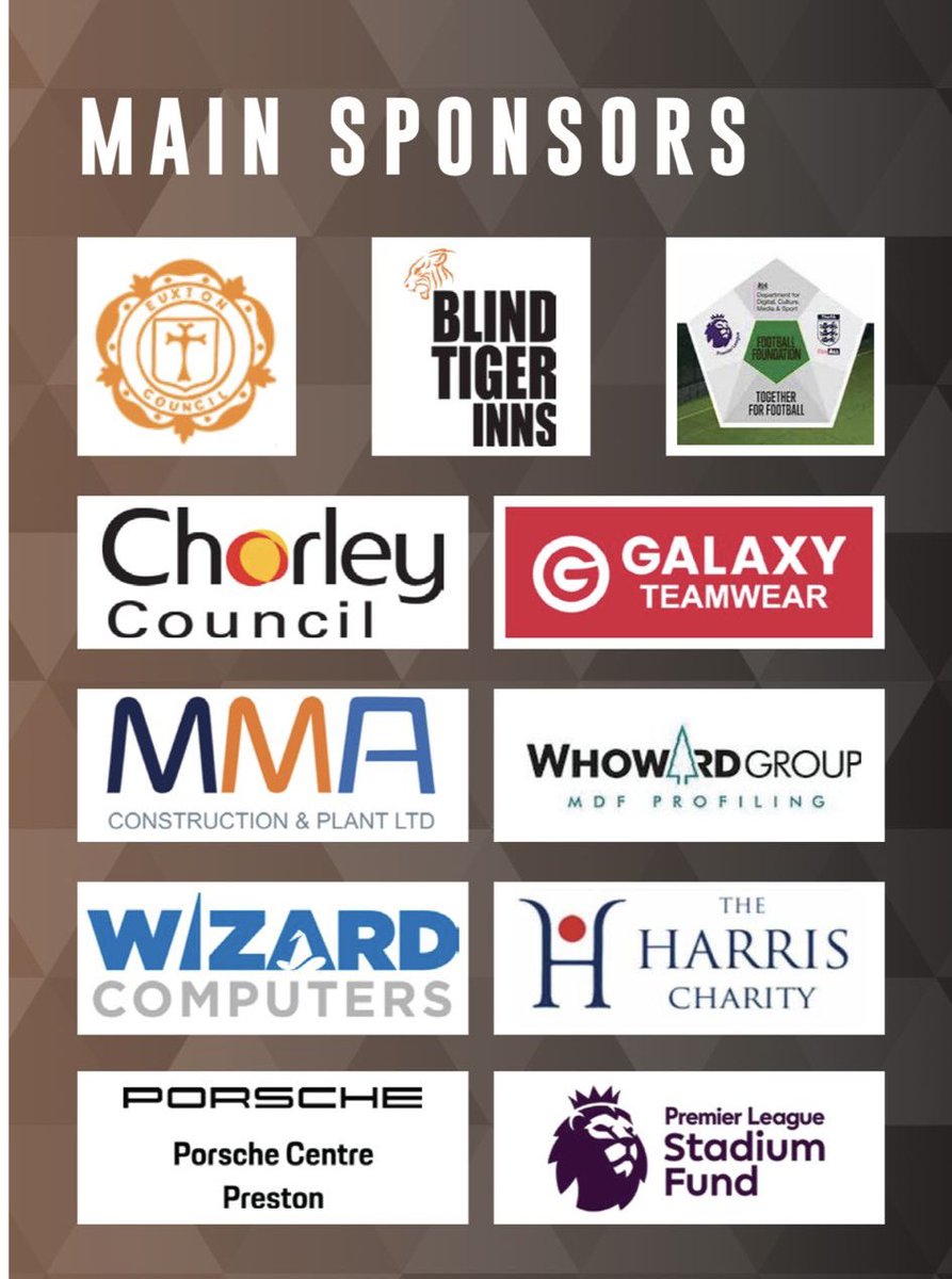 EuxtonVillaFC (@euxtonvillafc) on Twitter photo A final big shout out to all the main sponsors who, without, we would simply not be in the position we are in today 👏👏
<a href="/EuxtonCouncil/">Euxton Council</a> <a href="/blindtigerinns/">BlindTigerInns</a> <a href="/FootballFoundtn/">Football Foundation</a> <a href="/ChorleyCouncil/">Chorley Council</a> <a href="/Galaxy_Teamwear/">Galaxy Teamwear</a> <a href="/whowardlimited/">W.Howard Limited</a> <a href="/WizardComputers/">Wizard Computers</a> <a href="/PorscheGB/">Porsche GB</a>
🧡🖤 A final big shout out to all the main sponsors who, without, we would simply not be in the position we are in today 👏👏
<a href="/EuxtonCouncil/">Euxton Council</a> <a href="/blindtigerinns/">BlindTigerInns</a> <a href="/FootballFoundtn/">Football Foundation</a> <a href="/ChorleyCouncil/">Chorley Council</a> <a href="/Galaxy_Teamwear/">Galaxy Teamwear</a> <a href="/whowardlimited/">W.Howard Limited</a> <a href="/WizardComputers/">Wizard Computers</a> <a href="/PorscheGB/">Porsche GB</a>
🧡🖤