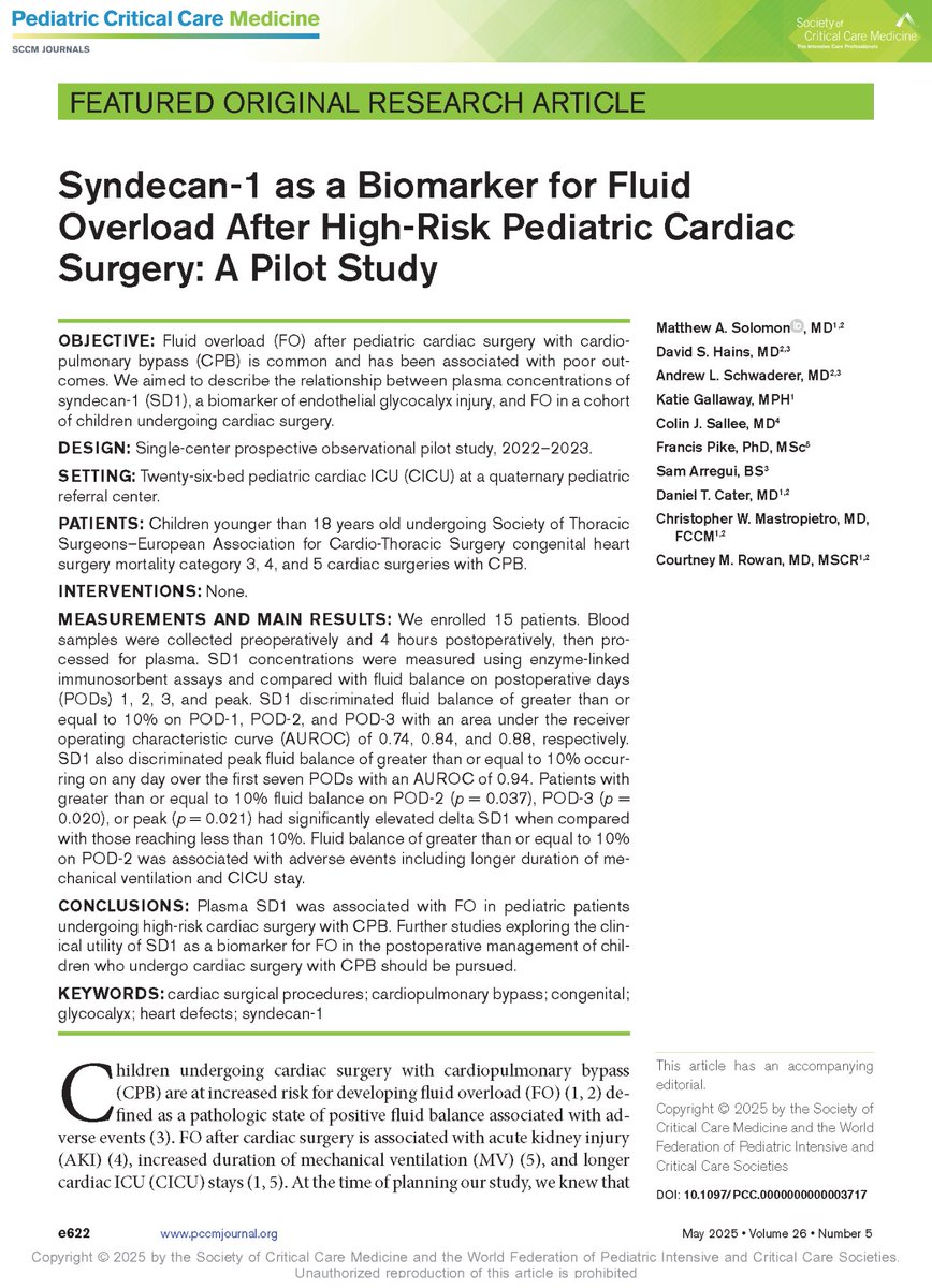 A prospective pilot study shows that syndecan-1 may be able to identify children at high risk for fluid overload after cardiac surgery with cardiopulmonary bypass.

✅ Read the original research from Pediatric Critical Care Medicine: bit.ly/4jhiDeD

#PedsICU #SCCM <a href="/SCCM/">SCCM</a>