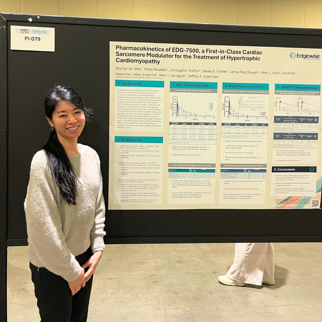 Edgewise Therapeutics (@edgewisetx) on Twitter photo Marilyn Mok recently attended the <a href="/ASCPT_ClinPharm/">ASCPT Alexandria</a> conference to present the poster “Pharmacokinetics and pharmacodynamics of EDG-7500, a first-in-class cardiac sarcomere modulator for the treatment of hypertrophic cardiomyopathy.” Marilyn Mok recently attended the <a href="/ASCPT_ClinPharm/">ASCPT Alexandria</a> conference to present the poster “Pharmacokinetics and pharmacodynamics of EDG-7500, a first-in-class cardiac sarcomere modulator for the treatment of hypertrophic cardiomyopathy.”