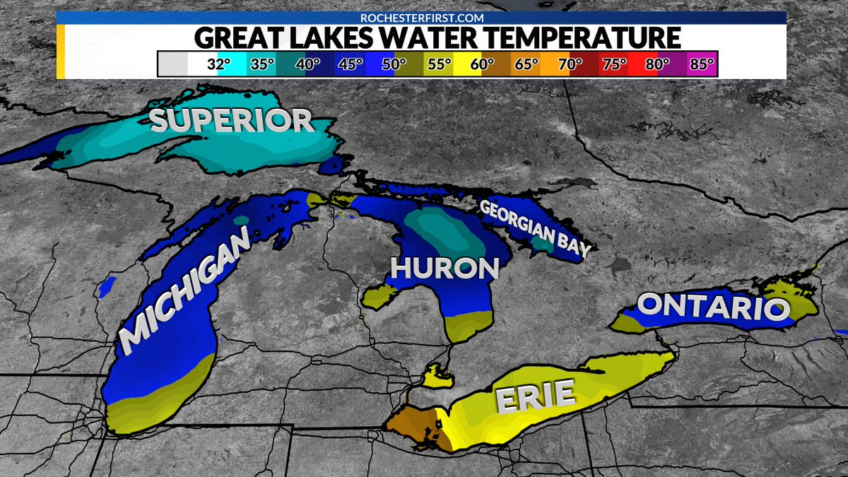 It's been a slow start to warming up the Great Lakes this season. For some perspective, Lake Ontario's average water temperature this time of year is around the lower 50s. We're currently averaging about 45°. While that is not a record in terms of cold (we were in the lower 40s