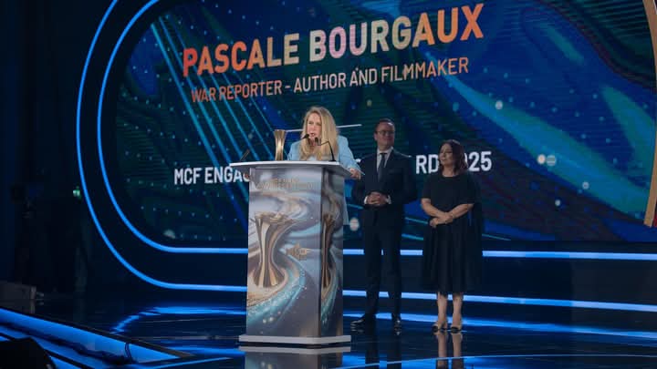 The MCF Engaged Journalist Award goes to <a href="/pascalebourgaux/">pascale.bourgaux@tv5monde.org</a> War Reporter, Author, and Filmmaker. 

Award Handlers: HE Antoine Delcourt and Ouided Bouchamaoui.

Congrats!

#MCFMAC2025 #MCFMACdubai #mcfmi #mcfmediaawardsceremony