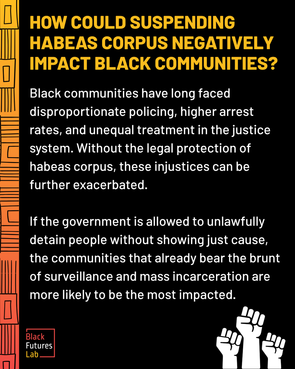 Staying informed and using your voice is one of the strongest ways we can continue to push for justice and accountability. Let your voice be heard today by calling Congress using the link below.
bit.ly/3WYsQTd
#BlackFuturesLab #HabeasCorpus #ProtectOurCommunities
