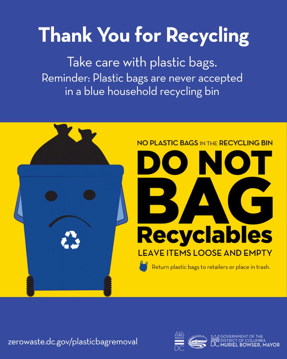 ZeroWasteDC (@dczerowaste) on Twitter photo Thank you for recycling & composting, DC!
As a reminder, plastic bags should never go in a <a href="/DCDPW/">DC Department of Public Works</a> recycling bin. Leave items loose and empty in the bin. Likewise, plastic bags missing the BPI compostable logo should never go in a food waste drop-off bin. zerowaste.dc.gov Thank you for recycling & composting, DC!
As a reminder, plastic bags should never go in a <a href="/DCDPW/">DC Department of Public Works</a> recycling bin. Leave items loose and empty in the bin. Likewise, plastic bags missing the BPI compostable logo should never go in a food waste drop-off bin. zerowaste.dc.gov