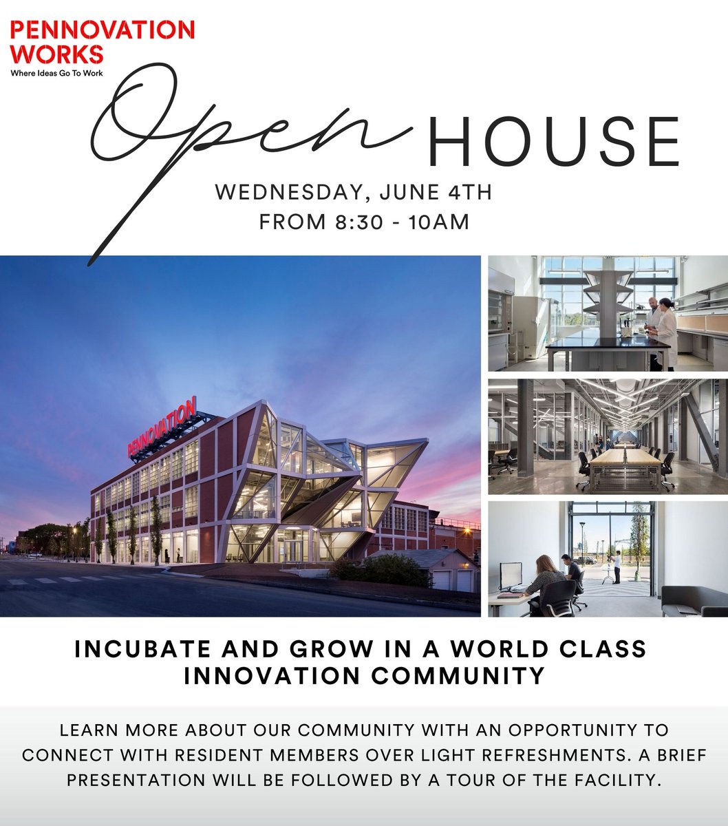 Looking for office space? Join us at our monthly Open House on Wednesday, June 4th between 8:30 -10am to learn more about the Pennovation Center, meet other local Philly founders (no Penn affiliation needed!), and take a tour of the Center. Register today: bit.ly/4kCBylD