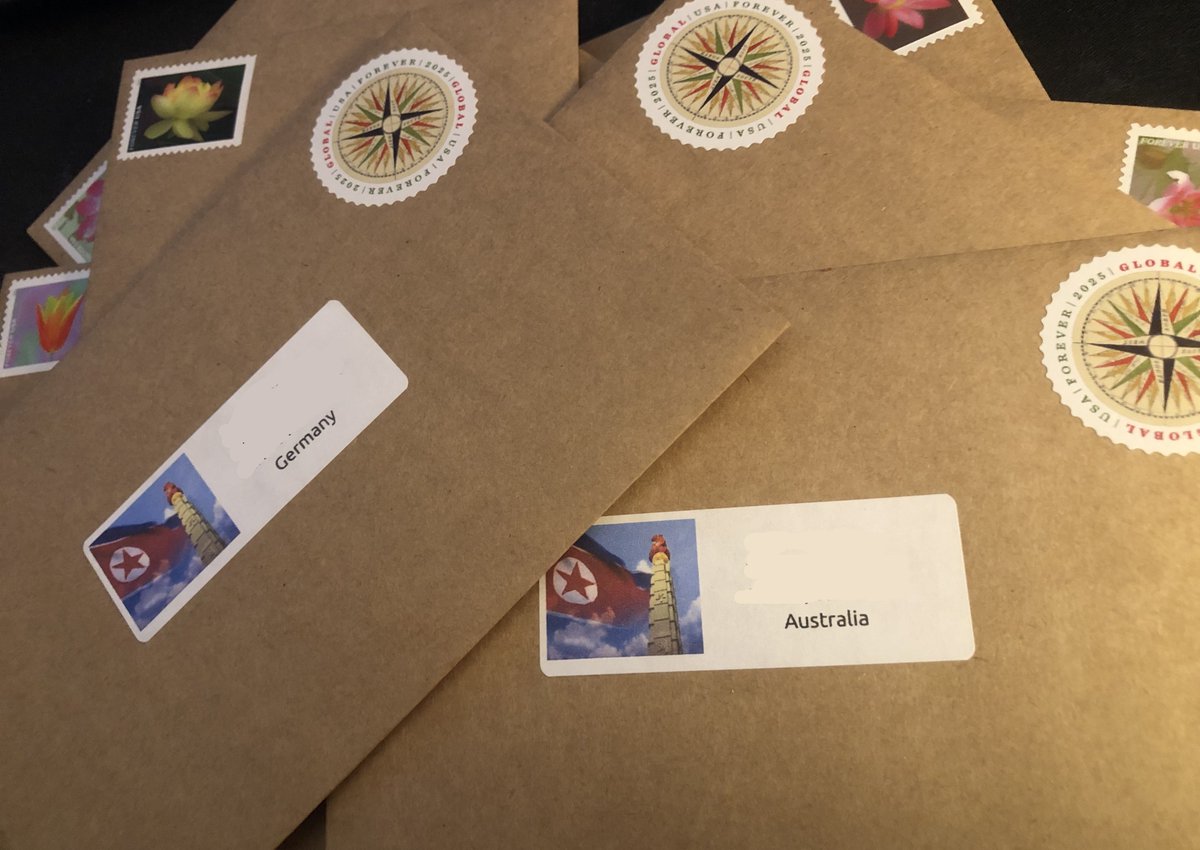 NatalieRevolts's tweet photo. wanted to show you comrades what my kind supporters over at https://t.co/A5IUHSuSDX got this month :)

for $12 you get a bunch of postcards and stickers featuring various DPRK art in your mailbox no matter where you are in the world, or just $6 if you only want the postcards 💌 https://t.co/3wU9Jvguez