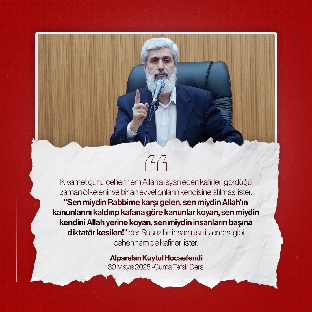 Kıyamet günü cehennem Allah’a isyan eden kafirleri gördüğün zaman öfkelenir ve bir an evvel onların kendisine atılması ister. "Sen miydin Rabbime karşı gelen, sen miydin Allah'ın kanunlarını kaldırıp kafana göre kanunlar koyan, sen miydin kendini Allah yerine koyan, sen miydin