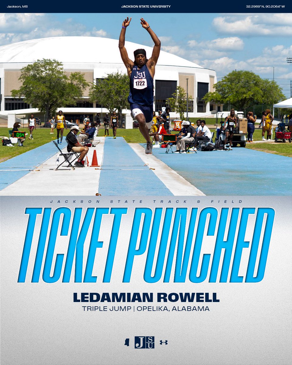 GoJSUTigersXCTF's tweet image. 🎟️TICKET PUNCHED 🎟️ 

Ledamian Rowell is headed to NCAA Nationals after a new personal best of 15.99 meters in the triple jump👏🏾

#TheeILove | #WeWorkHard | #NCAATF