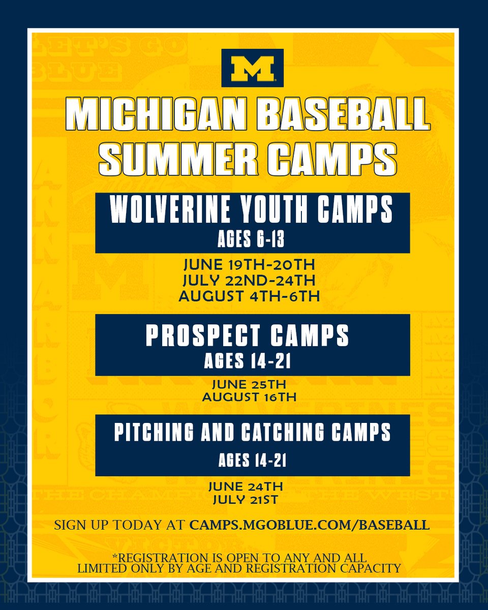 It's Almost Camp Season! 

Lots of options and dates are available! 
Register now --> camps.mgoblue.com/baseball

#GoBlue