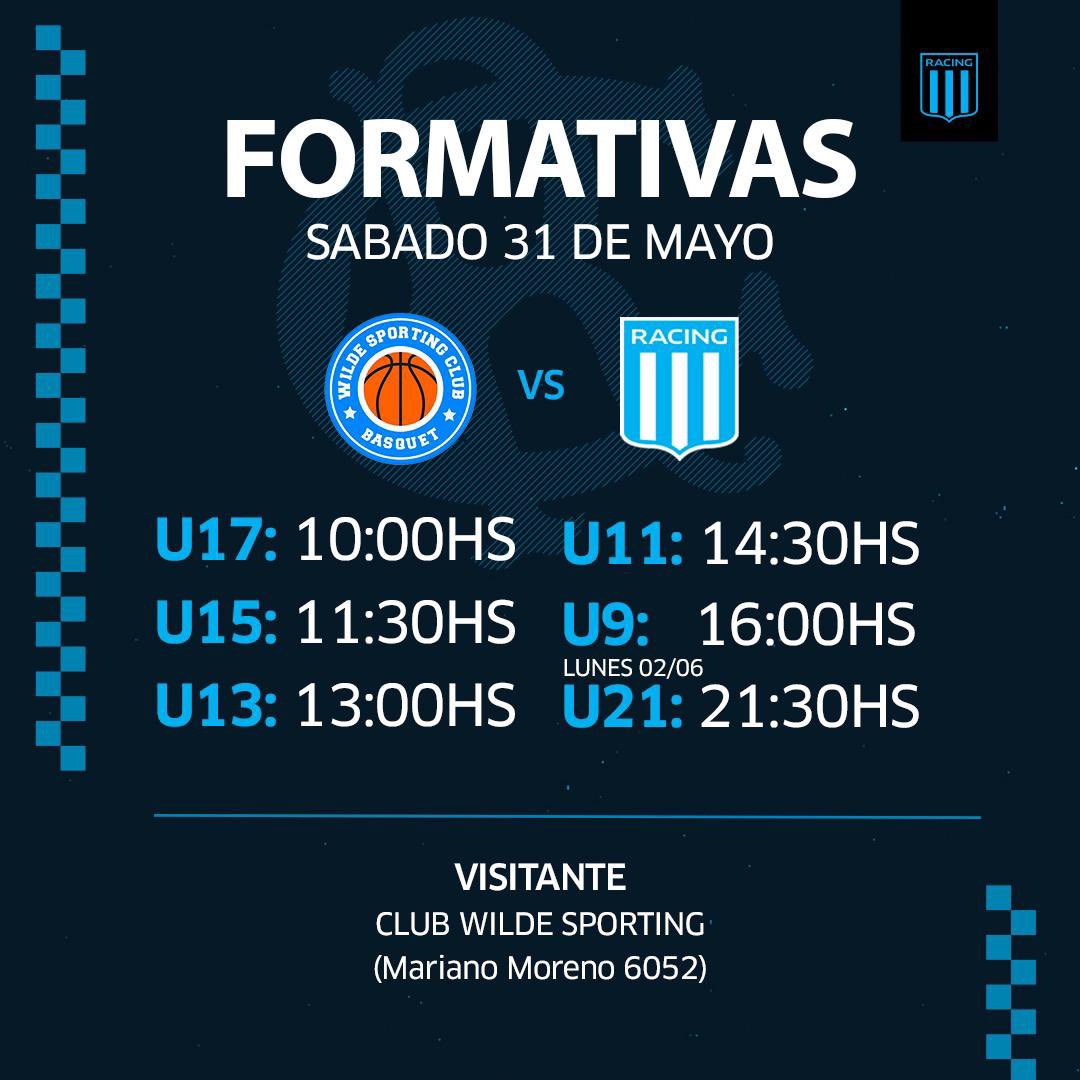 𝗙𝗢𝗥𝗠𝗔𝗧𝗜𝗩𝗔𝗦 | Mañana nuestras formativas visitan a Wilde Sporting⛹🏻‍♂️🏀

A partir de las 10hs los esperamos en Wilde para alentar a todos los chicos 🙌🏼

📍Mariano Moreno 6052, Wilde

El partido de U21 se jugará el lunes 02/06 a las 21:30hs

#vamosracing💙