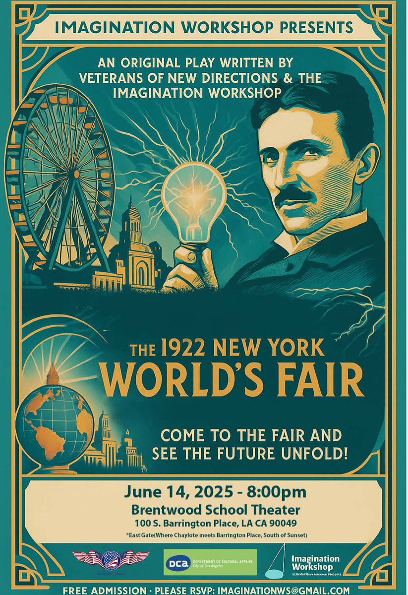 VA Greater Los Angeles Healthcare System (@losangelesva) on Twitter photo Come one, come all to a FREE play written & performed by the Veterans of <a href="/NDVets/">New Directions Inc.</a> at #WestLAVA! Watch the future unfold at The 1922 New York World’s Fair! Sat., June 14, 8 p.m., Brentwood School E. Campus Theater, 100 S. Barrington Place, LA 90049. Email imaginationws@gmail.com Come one, come all to a FREE play written & performed by the Veterans of <a href="/NDVets/">New Directions Inc.</a> at #WestLAVA! Watch the future unfold at The 1922 New York World’s Fair! Sat., June 14, 8 p.m., Brentwood School E. Campus Theater, 100 S. Barrington Place, LA 90049. Email imaginationws@gmail.com