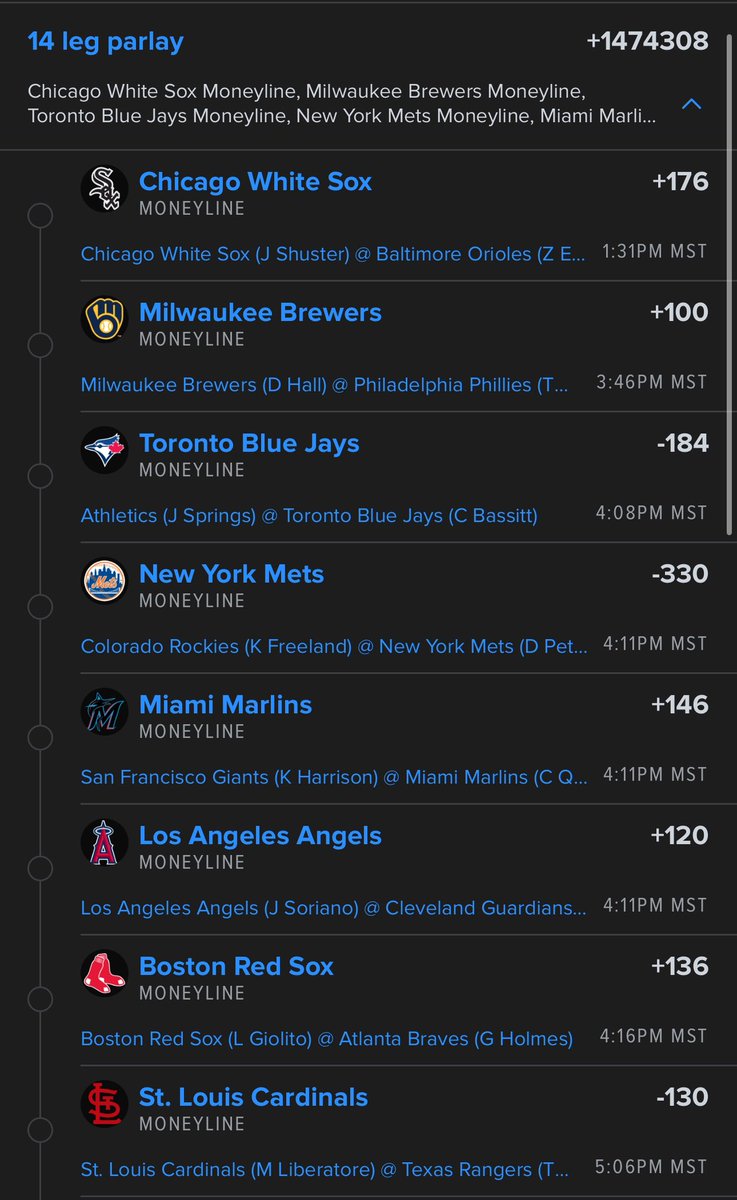 agentcnote's tweet photo. It’s the mlb almost full slate money line parlay. Risking.025 units here. Can we do it today?! I say hell yes! 💪 #CoryLive https://t.co/b16Tuee169