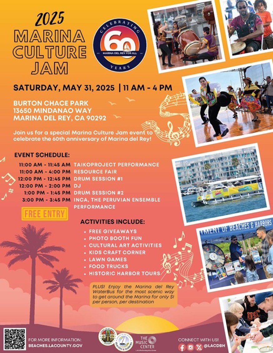 Los Angeles County (@countyofla) on Twitter photo Join <a href="/lacdbh/">LA County Beaches & Harbors</a> tomorrow for Marina Culture Jam to celebrate the 60th anniversary of Marina del Rey! This FREE community and family-oriented event will be held from 11 AM to 4 PM at Burton Chace Park. For more info, visit beaches.lacounty.gov/marinaculturej…. Join <a href="/lacdbh/">LA County Beaches & Harbors</a> tomorrow for Marina Culture Jam to celebrate the 60th anniversary of Marina del Rey! This FREE community and family-oriented event will be held from 11 AM to 4 PM at Burton Chace Park. For more info, visit beaches.lacounty.gov/marinaculturej….