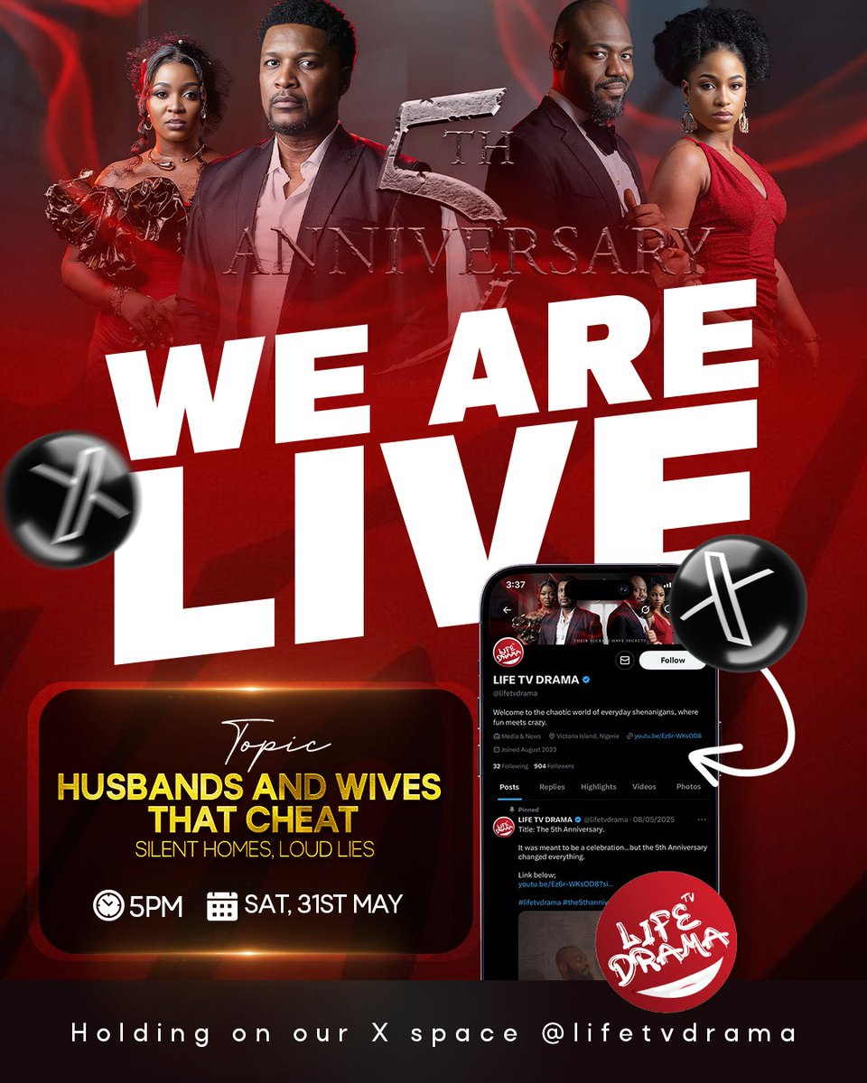 Join our space conversation on 'Husbands And Wives That Cheats- Silent Homes, Loud lies'

Friday 31st May, 2025 || 5pm

#lifetvdrama #5thanniversary #spaceshost #HusbandWife