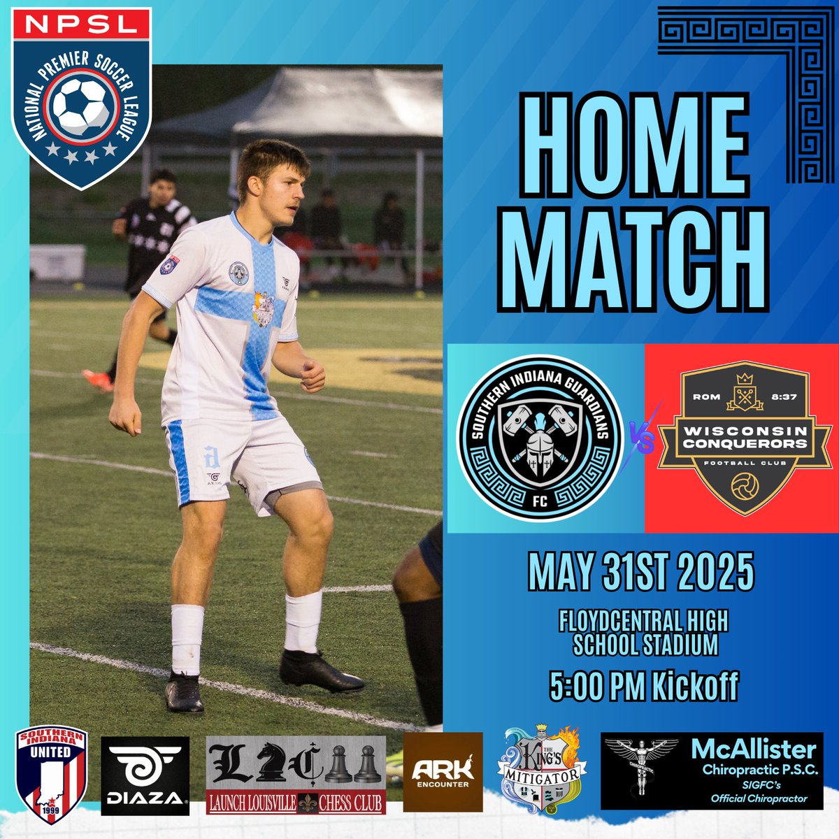🚨 HOME MATCH ALERT 🚨

Southern Indiana Guardians FC vs. Wisconsin Conquerors FC
📅 Saturday, May 31st
🕖 Kickoff: 5:00 PM
📍 Floyd Central High School Sports Complex

The 2025 NPSL home opener is HERE! ⚔️

Come out and support local soccer talent chasing excellence and building