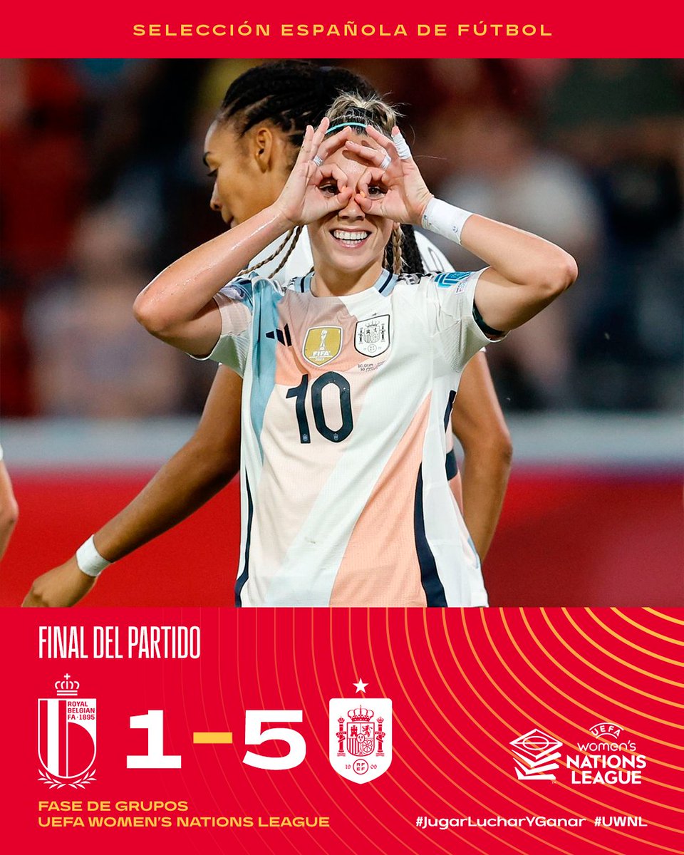🏁 ¡𝗣𝗜, 𝗣𝗜𝗜𝗜, 𝗣𝗜𝗜𝗜𝗜𝗜𝗜!

¡España golea en Leuven y mantiene el liderato del grupo!

🇧🇪 1-5 🇪🇸 | Final.

#UWNL | #JugarLucharYGanar
