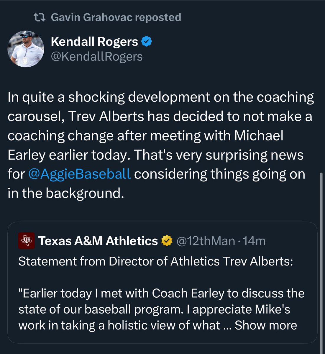 Gavin Grahovac reposted this. Have to assume he’s happy that his coach was retained!