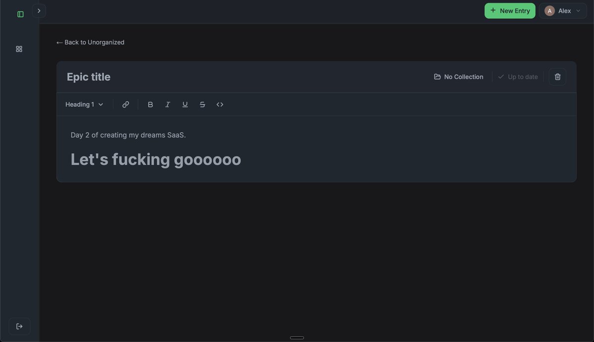 AlexRebai's tweet photo. Day 2 of building my dream SaaS. 

- 0 users
- $ 0 monichi
- Epic text editor ✅

Next up: Voice Notes 👀 https://t.co/QdKCXQRZoh