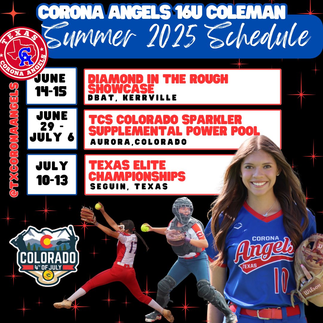 ‼️ Corona Angels 16U Coleman 2025 Summer Schedule ‼️
@tcfastpitch @tccoloradosb @tflfastpitch 

#coronaangels #caallday #coronaanglescoleman #coronaangelstexas #16U #softball #select #summerseason