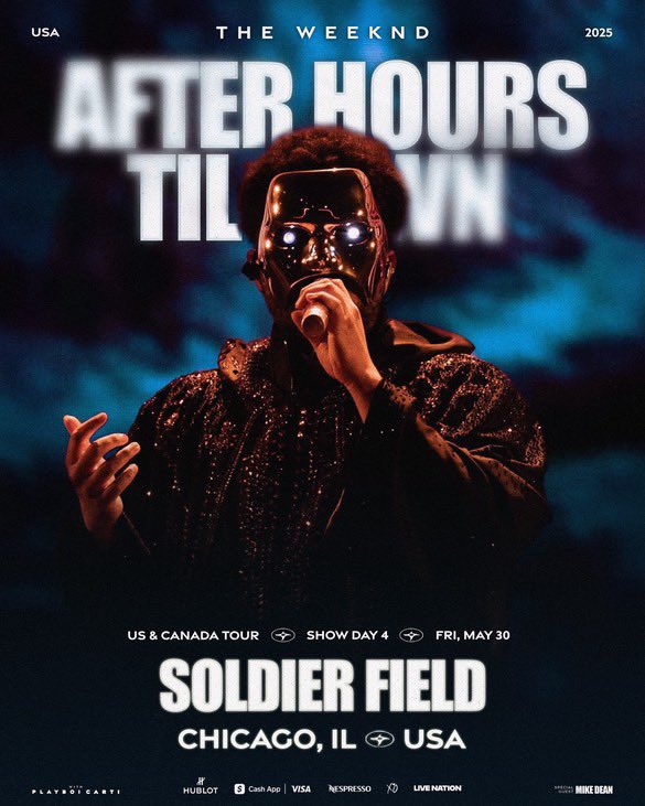 AHDawnTour's tweet photo. TONIGHT 🌅 | 30/5
#AfterHoursTilDawnTour 

📍 Soldier Field, Chicago 🇺🇸
🪩 Mike Dean &amp; Playboi Carti
🛸 7pm (doors @ 5:30pm)

The After Hours Til Dawn Tour is coming to the Windy City for the first of two amazing nights ❤️‍🔥 #AHTDChicago https://t.co/zDKu78ChCC
