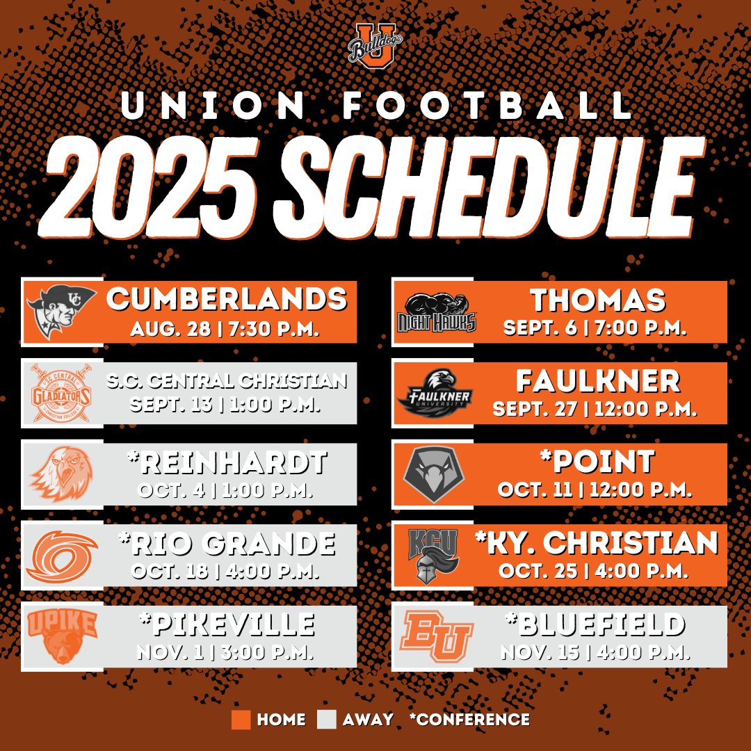 The 2025 #UnionFootball schedule has been announced!

The Bulldogs will open the season under the lights with a home game against Cumberlands on Thursday, Aug. 28, at 7:30 p.m. in the Battle for the Brass Lantern!

#RepTheU | #TheRightWayToPlay

➡️➡️➡️ bit.ly/4kbT7IO