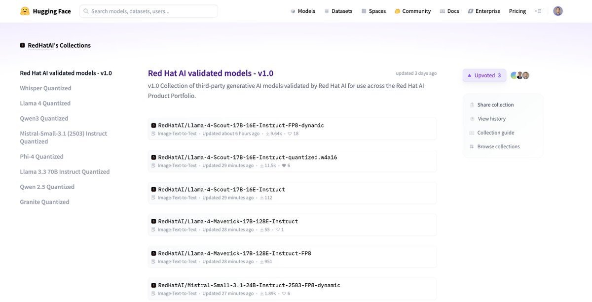 clem 🤗 (@clementdelangue) on Twitter photo Love this approach by <a href="/RedHat_AI/">Red Hat AI</a>. We need more trust & validation in AI and this can help! huggingface.co/RedHatAI Love this approach by <a href="/RedHat_AI/">Red Hat AI</a>. We need more trust & validation in AI and this can help! huggingface.co/RedHatAI