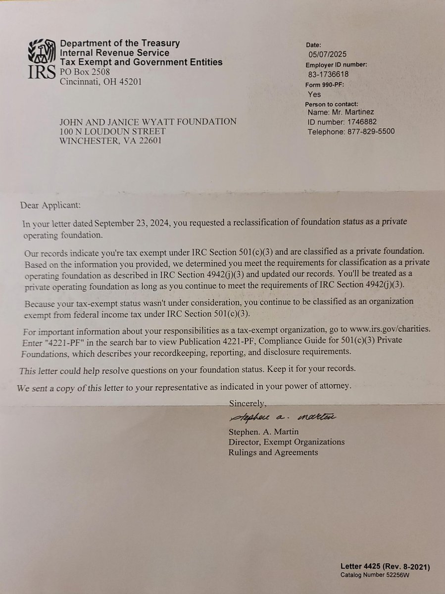 Excited &amp; proud to finally receive our IRS notification redesignating our family foundation to a private operating foundation. Now, we can receive donations with the same tax deductions for donors as a service-oriented non-profit with better alignment to our giving strategies.
