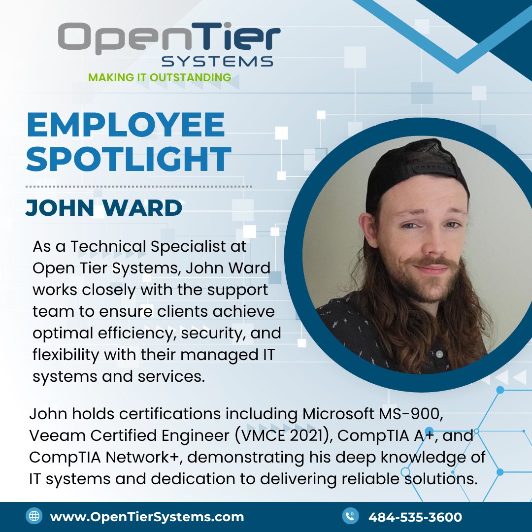 OpenTierSystems's tweet photo. Meet John Ward, our Technical Specialist at Open Tier Systems! John ensures your IT experience is smooth, secure, and adaptable, working closely with our support team. Learn more https://t.co/U9OaVXc7Q6

#TeamSpotlight #ITSolutions #OpenTierSystems #MeetTheTeam https://t.co/s41F7a9UIL