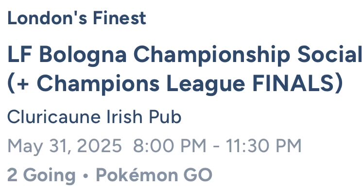 London’s Finest 🇬🇧 (@ldnsfinestpvp) on Twitter photo Preparing for #PlayPokemon Bologna 🇮🇹?
Want to catch the <a href="/ChampionsLeague/">UEFA Champions League</a> FINALS between <a href="/PSG_English/">Paris Saint-Germain</a> 🇫🇷 & <a href="/Inter/">Inter ⭐⭐</a> Milan 🇮🇹 - with the #Pokemon community? ⚽️
Check out our proposed social on Saturday evening!
🗺️: maps.app.goo.gl/hKTJSPqg5NYFyg…
🔥: cmpf.re/QGMc3a Preparing for #PlayPokemon Bologna 🇮🇹?
Want to catch the <a href="/ChampionsLeague/">UEFA Champions League</a> FINALS between <a href="/PSG_English/">Paris Saint-Germain</a> 🇫🇷 & <a href="/Inter/">Inter ⭐⭐</a> Milan 🇮🇹 - with the #Pokemon community? ⚽️
Check out our proposed social on Saturday evening!
🗺️: maps.app.goo.gl/hKTJSPqg5NYFyg…
🔥: cmpf.re/QGMc3a