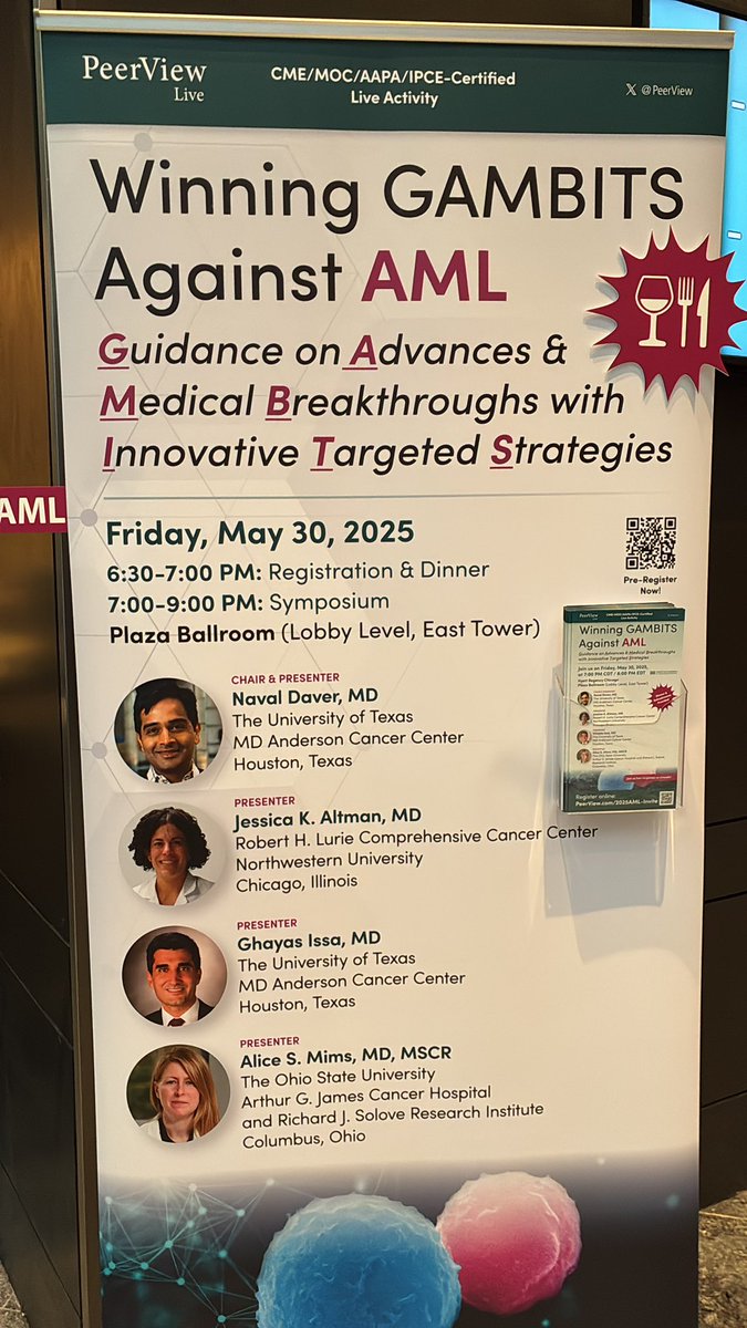 Great cme panel tonight on #AML with <a href="/Daver_Leukemia/">Naval Daver, M.D.</a> come join us at the Hyatt Regency peerview.com/2025AML <a href="/PeerView/">PeerView</a>