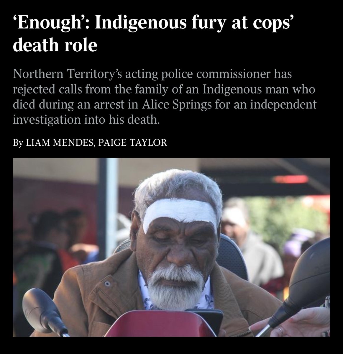 liammendes's tweet image. ‘Enough’s enough’: Indigenous family vent fury at police role in young man’s death
Northern Territory police have rejected calls from the family of an Indigenous man who died in Alice Springs while being arrested earlier this week for an independent investigation into his death.…