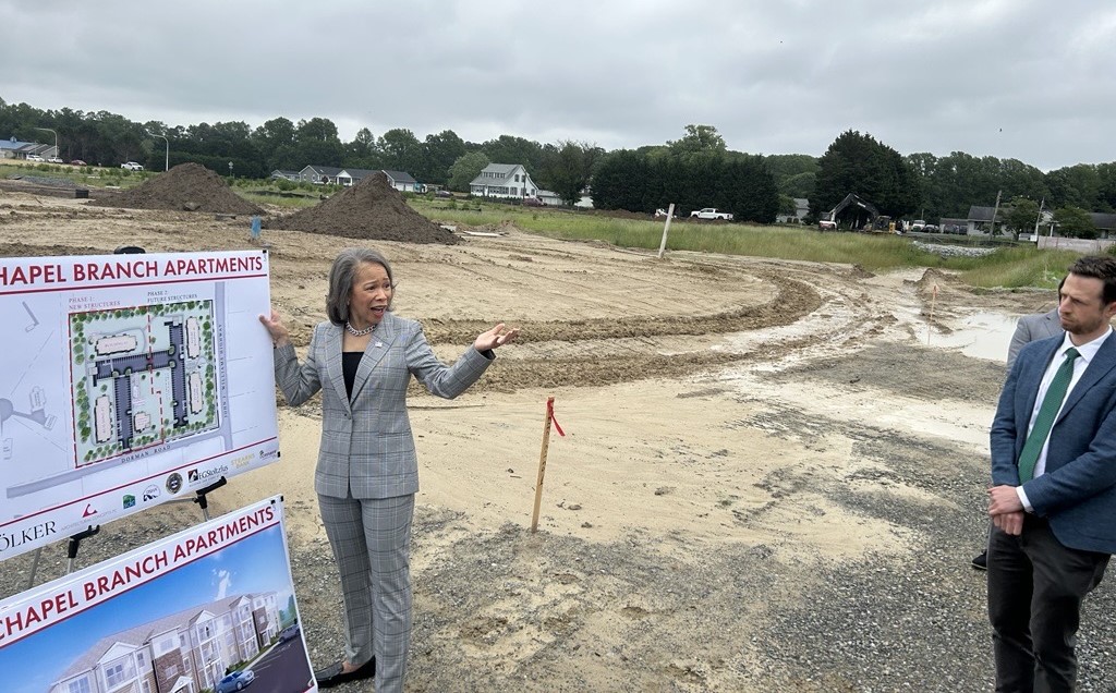 Cinnaire's tweet photo. U.S. Senator @SenLBR joined Volker, Cinnaire and @DEStateHousing to tour Chapel Branch Apartments - the first federally funded housing in Lewes in 20+ years. 84 affordable homes are on the way for a rural community in need. #HousingCredit #AffordableHousing https://t.co/qKbbCEHxwW