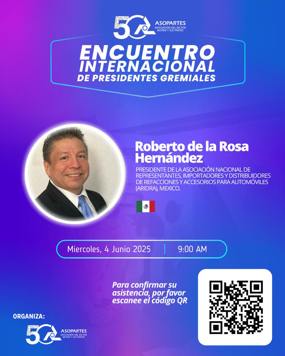 🌎 ¡Llega el Encuentro Internacional de Presidentes Gremiales!
📍 Bogotá – Hilton Corferias
🗓 4 de junio | 🕘 9:00 a.m.
🇲🇽🇺🇸🇻🇪🇨🇱 Líderes de LATAM analizan el futuro del sector motriz.
🎟 Regístrate: forms.gle/UPMEu36kzAvPgN…

#EXPOPARTES2025 #HacemosLatirElMotor #LiderazgoGremial