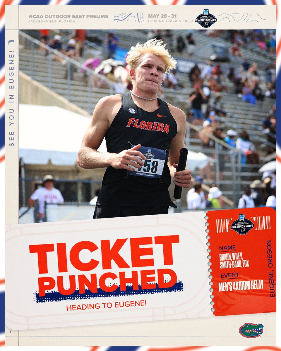 GatorsTF's tweet photo. 4 x 100 =🎟️

39.21 - Good for 11th in the field and enough to punch our ticket to Eugene. ✅

#GoGators https://t.co/1b4v9zuZlm