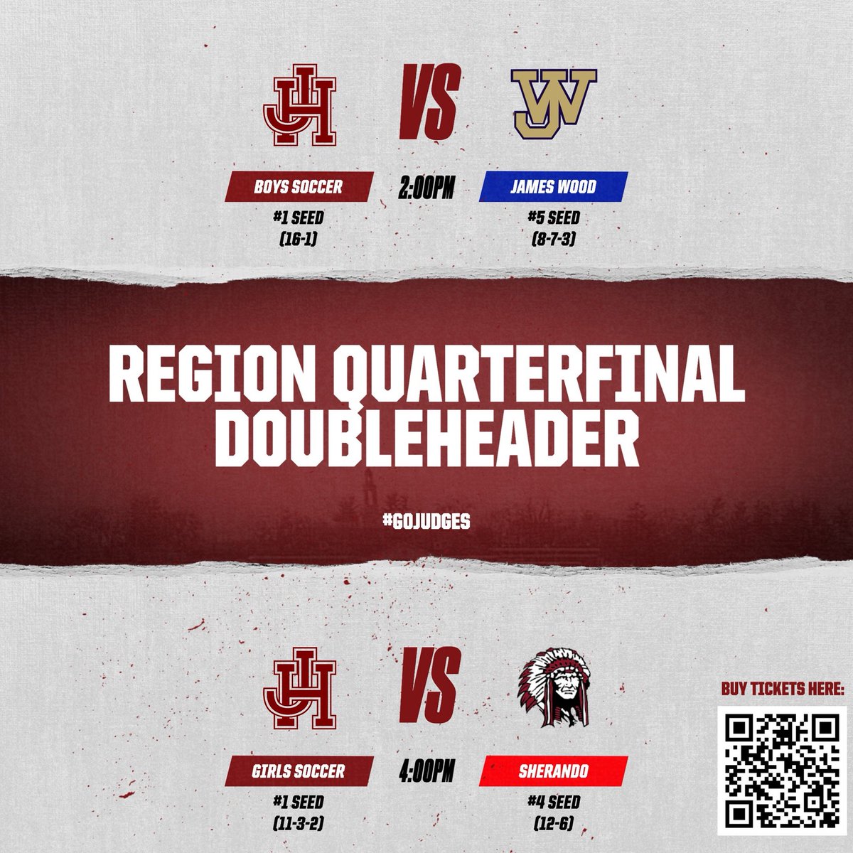 Regional Playoffs…Let’s pack the Bowl as the Judges host Region 4C Doubleheader Quarterfinals.  Come out help us cheer on the Judges ⚽️.
<a href="/WinStarSports1/">WinchesterStarSports</a> <a href="/VHSL_/">VHSL Athletics</a> 
Boys Match:
🆚 James Wood Colonels  
⏰ 2:00 PM
🏟JHHS

Girls Match:
🆚 Sherando Warriors
⏰ 4:00 PM
🏟JHHS