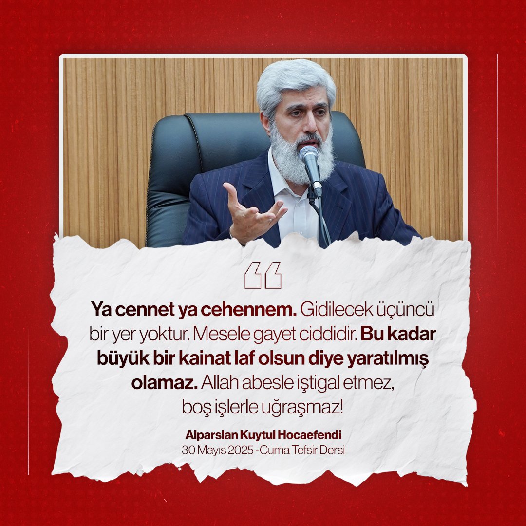 Ya cennet ya cehennem. Gidilecek üçüncü bir yer yoktur. Mesele gayet ciddidir. Bu kadar büyük bir kainat laf olsun diye yaratılmış olamaz. Allah abesle iştigal etmez, boş işlerle uğraşmaz!

FecrSuresi TefsirDersi 
AlparslanHoca Mersinde
#AlparslanHocaylaTefsirDersi