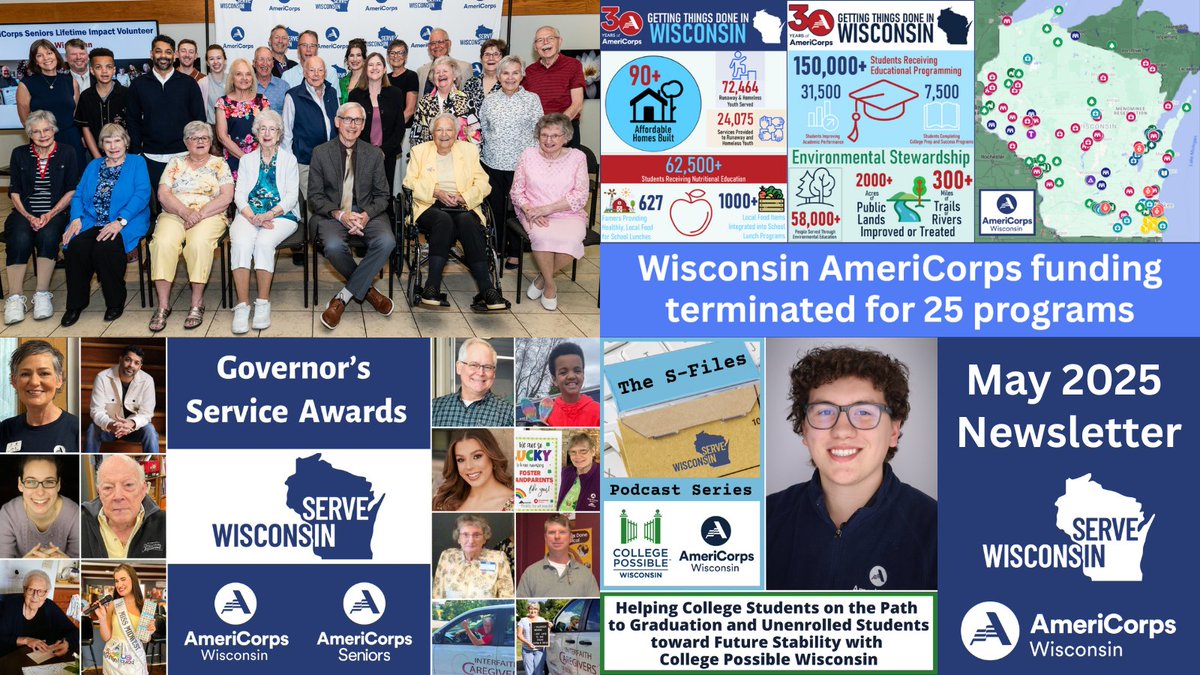 Serve Wisconsin (@servewisconsin) on Twitter photo Check out our May newsletter: conta.cc/4kCBt1j
Stories include <a href="/GovEvers/">Governor Tony Evers</a> recognizing honorees at Governor’s Service Awards, update on impacts of termination of 25 Wisconsin <a href="/AmeriCorps/">AmeriCorps</a> program grants, <a href="/CollPossibleWI/">College Possible Wisconsin</a> member serving students at MATC and other schools Check out our May newsletter: conta.cc/4kCBt1j
Stories include <a href="/GovEvers/">Governor Tony Evers</a> recognizing honorees at Governor’s Service Awards, update on impacts of termination of 25 Wisconsin <a href="/AmeriCorps/">AmeriCorps</a> program grants, <a href="/CollPossibleWI/">College Possible Wisconsin</a> member serving students at MATC and other schools